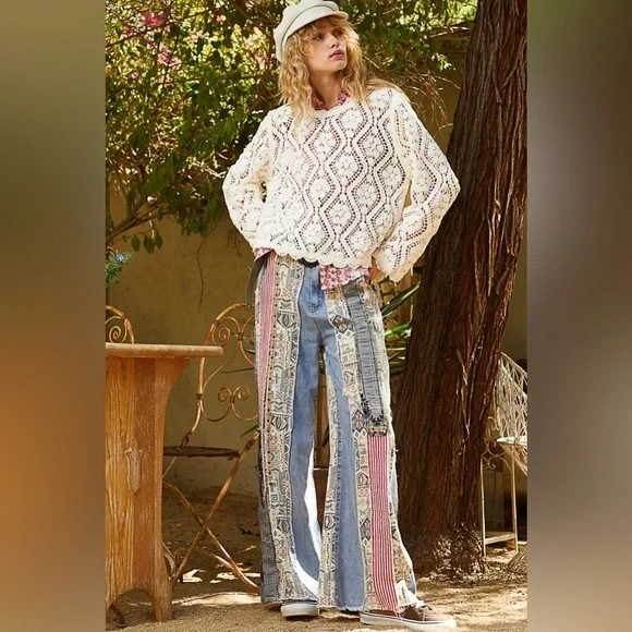 POL Boho Patchwork Wide-Leg Jeans | Multicolor Magic & Relaxed Fit - Picture 1 of 8